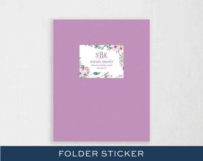 May include: A purple folder with a floral sticker that says "S.B.K. Sophie Brown Edmond North High School Edmond, OK"