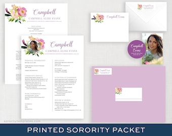 Printed Sorority Packet FULL-SERVICE | Sorority Recruitment Packet | Digital and Printed Resume | Flower Watercolor | Campbell