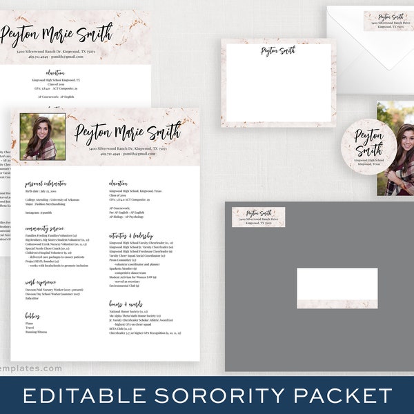 Editable Sorority Recruitment Packet with Photo | DIY Digital Sorority Resume Template | Blush Marble Rush Kit | Two Column Resume | Peyton