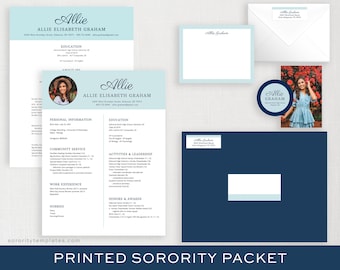 Printed Sorority Packet FULL-SERVICE | Sorority Rush Packet | Simple Sorority Resume with Photo | Recruitment Packet | Custom Color Allie