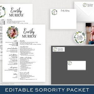 Editable Sorority Recruitment Packet DIY Template w/Photo | Digital Sorority Packet | Printable Sorority Resume, Greenery and Gold | Everly