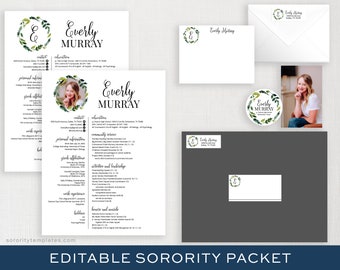 May include: Editable sorority packet template with a green wreath design featuring the name "Everly Murray". The packet includes a resume, a letterhead, a return address label, a round sticker, and a photo card.
