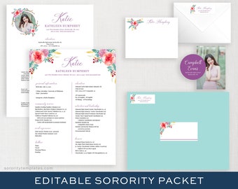 May include: An editable sorority packet with a resume, stationery, and an envelope. The resume and stationery feature floral accents and the name "Katie" in elegant script. A photo of a woman is on a sticker.