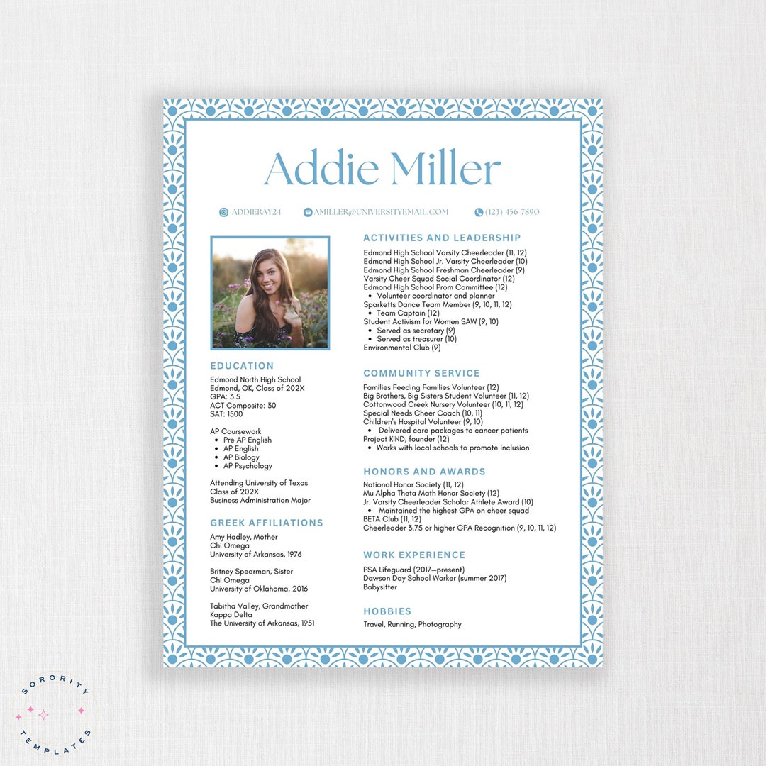 Sorority Resume Canva Template Printable Sorority Resume Template