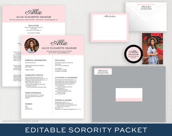 May include: Editable sorority packet template with a pink and white color scheme. The template includes a resume, a letterhead, a sticker, and a photo card. The text on the resume reads "Allie Elisabeth Graham".