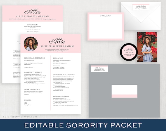 Editable Sorority Recruitment Packet | Printable Social Resume Template | Artist Watercolor Rush | Two Column Resume DIY | Allie