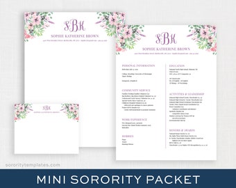 Może przedstawiać: Pakiet rekrutacyjny do sororities z kwiatowym wzorem i inicjałami "SBK" w kolorze fioletowym. Pakiet zawiera szablon CV, szablon papieru firmowego i szablon wizytówki.