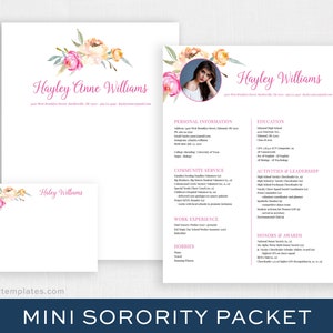 Digital Sorority Packet with Photo | Editable Sorority Resume | Printable Social Resume Template | Watercolor | Editable Resume DIY | Hayley