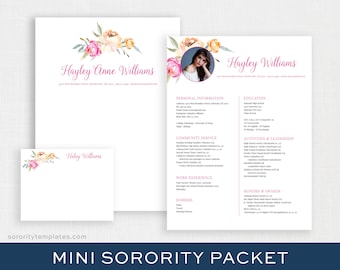 May include: A pink and white sorority recruitment pack with a floral design. The pack includes a CV, a letterhead, and a notecard. The CV includes personal information, education, community service, activities and leadership, work experience, hobbies, and honours and awards. The letterhead and notecard feature the name "Hayley Williams" and a floral design.