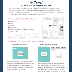 May include: A guide for assembling sorority recruitment packets. The guide includes instructions on what to include in the packet, how to package it, and where to find recommended envelope and folder sources. The guide also includes a tip to order extra thank you cards for graduation.