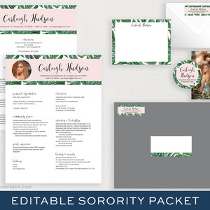 Editable Sorority Recruitment Packet with Photo | Printable Digital Resume Template | Tropical Palm Rush Kit | Two Column Resume | Carleigh