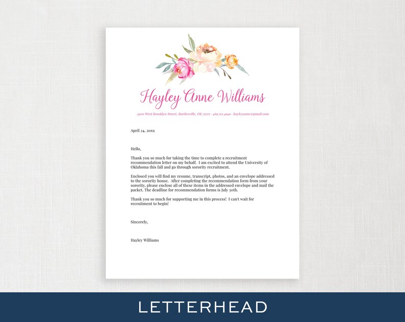 PRINTED Sorority Packet FULL-SERVICE Sorority Recruitment Packet with Photo Personal Resume Template Flower Watercolor Hayley image 6