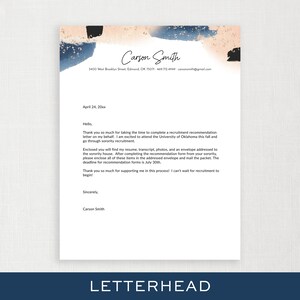 May include: Letterhead with a watercolor design in blue, tan, and gold. The text includes a name, address, phone number, and email. The letter is a recruitment recommendation request. The word "LETTERHEAD" is at the bottom.