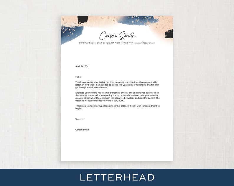 May include: Letterhead with a watercolor design in blue, tan, and gold. The text includes a name, address, phone number, and email. The letter is a recruitment recommendation request. The word "LETTERHEAD" is at the bottom.