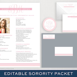 Bearbeitbares Sorority Recruitment Paket mit Foto | Druckbare Schwesternschaft Paket | Digitale Sorority Lebenslauf Vorlage | Monogramm Schwesternschaft Paket