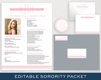 Editable Sorority Recruitment Packet with Photo | Printable Sorority Packet | Digital Sorority Resume Template | Monogram Sorority Packet