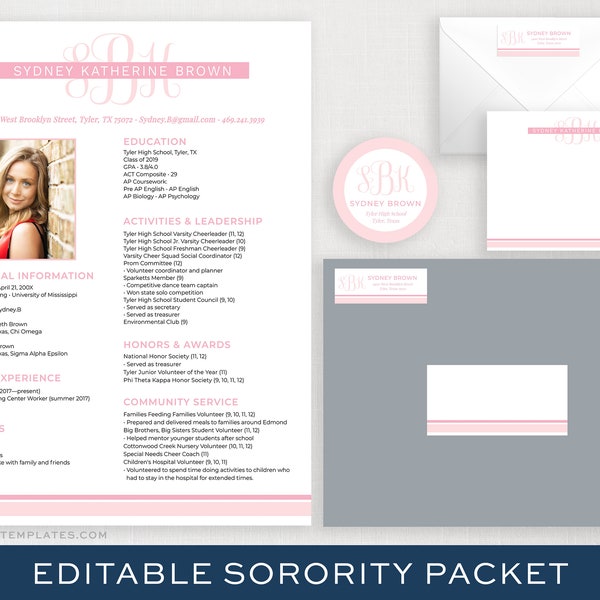 Editable Sorority Recruitment Packet with Photo | Printable Sorority Packet | Digital Sorority Resume Template | Monogram Sorority Packet