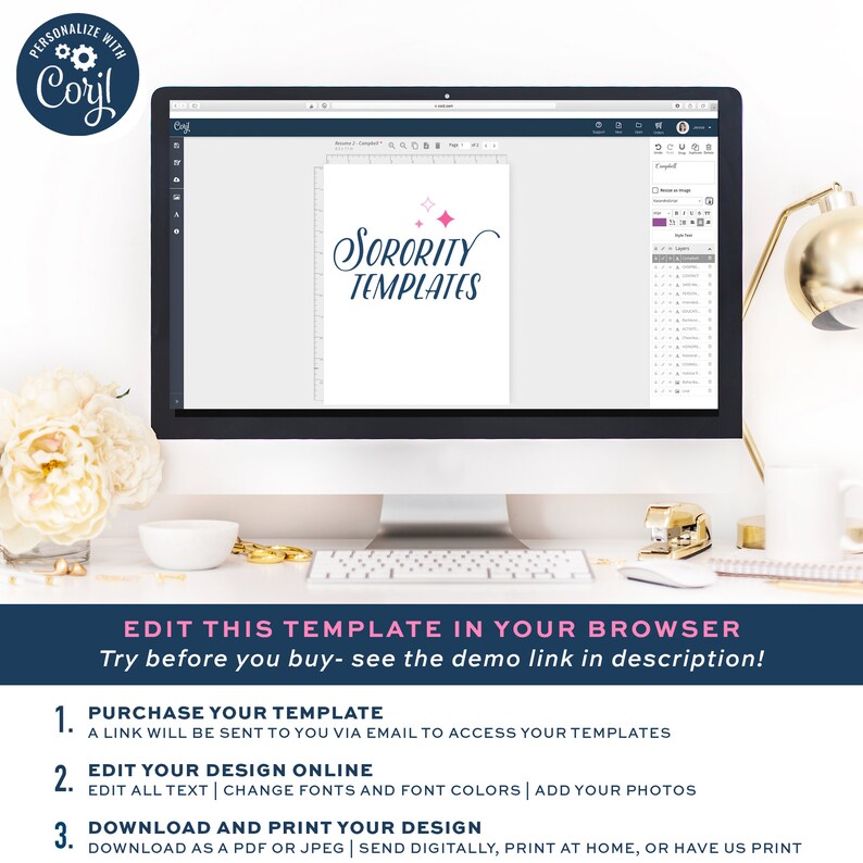Puede incluir: Una pantalla de ordenador que muestra una plantilla de dise&ntilde;o para eventos de hermandad. La plantilla presenta el texto "Sorority Templates" en una fuente de letra cursiva rosa y azul con estrellas rosas. El texto "Edit this template in your browser" se muestra debajo de la pantalla.