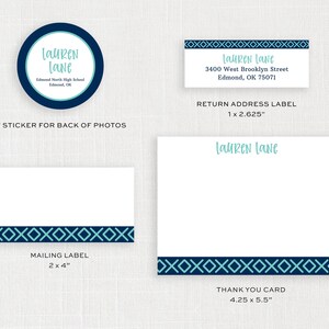 May include: A set of four printable stationery designs featuring a blue and teal geometric pattern. The designs include a 2-inch sticker for the back of photos, a 2x4 inch mailing label, a 1x2.625 inch return address label, and a 4.25x5.5 inch thank you card. Each design includes the name "Lauren Lane" in a teal font.