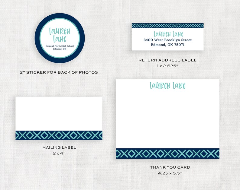 May include: A set of four printable stationery designs featuring a blue and teal geometric pattern. The designs include a 2-inch sticker for the back of photos, a 2x4 inch mailing label, a 1x2.625 inch return address label, and a 4.25x5.5 inch thank you card. Each design includes the name "Lauren Lane" in a teal font.