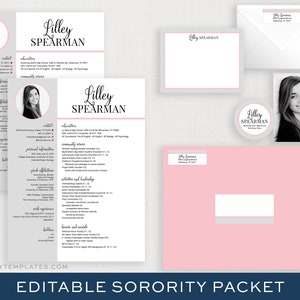 May include: A pink and gray sorority recruitment packet with a black and white photo of a woman, a resume with the name Lilley Spearman, and a sticker with the same name. The packet includes a letter, a business card, and a sticker.