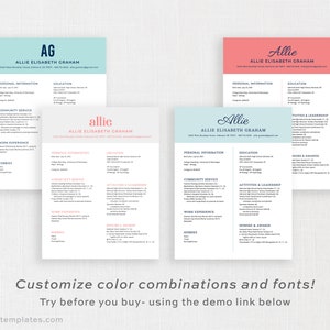 Puede incluir: Cuatro versiones diferentes de una plantilla de curr&iacute;culum con un esquema de color azul claro, rosa y blanco. El texto del curr&iacute;culum es negro y el nombre en la parte superior est&aacute; en una fuente cursiva. El texto del curr&iacute;culum incluye "Allie Elisabeth Graham" y "AG".