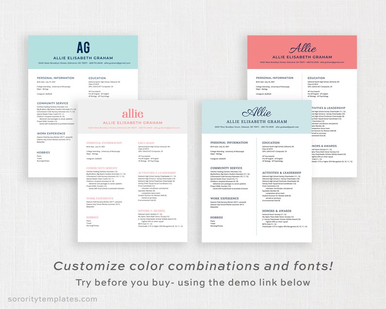Puede incluir: Cuatro versiones diferentes de una plantilla de curr&iacute;culum con un esquema de color azul claro, rosa y blanco. El texto del curr&iacute;culum es negro y el nombre en la parte superior est&aacute; en una fuente cursiva. El texto del curr&iacute;culum incluye "Allie Elisabeth Graham" y "AG".