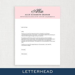 Puede incluir: Un membrete rosa y blanco con el nombre Allie Elisabeth Graham, su informaci&oacute;n de contacto y una carta formal fechada el 24 de abril de 20xx. La carta est&aacute; dirigida a alguien pidi&eacute;ndole que complete una carta de recomendaci&oacute;n de reclutamiento.
