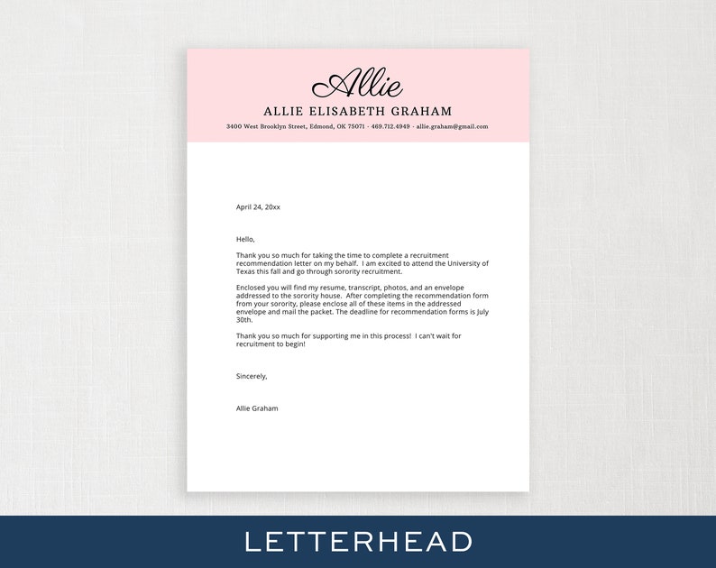 Puede incluir: Un membrete rosa y blanco con el nombre Allie Elisabeth Graham, su informaci&oacute;n de contacto y una carta formal fechada el 24 de abril de 20xx. La carta est&aacute; dirigida a alguien pidi&eacute;ndole que complete una carta de recomendaci&oacute;n de reclutamiento.