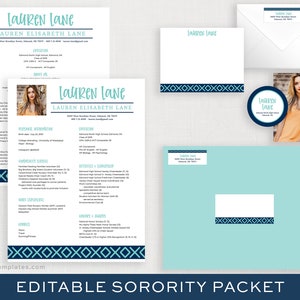 Può includere: Modello di pacchetto di sororità modificabile con uno schema di colori blu e turchese. Il modello include un curriculum vitae, una carta intestata e una busta. Il testo sul curriculum vitae recita "Lauren Lane, Lauren Elisabeth Lane".