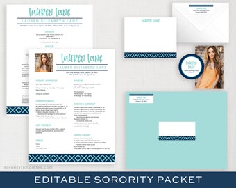 Może przedstawiać: Edytowalny szablon pakietu sorority w niebiesko-turkusowej kolorystyce. Szablon zawiera CV, papier firmowy i kopertę. Tekst na CV brzmi "Lauren Lane, Lauren Elisabeth Lane".