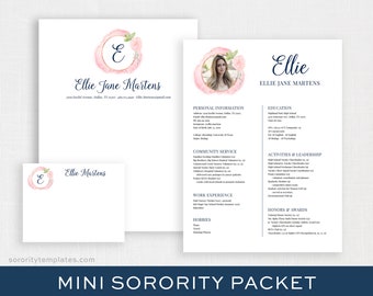 May include: A sorority recruitment packet with a pink and blue color scheme. The packet includes a resume, a letterhead, and an envelope. The resume features a watercolor floral design with the letter "E" in the center. The letterhead and envelope also feature the same floral design with the letter "E".