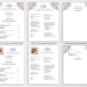 May include: A resume template with a floral design. The template is available in single and two column formats. The template includes sections for education, work experience, skills, and awards. The template also includes an optional second page for additional information.
