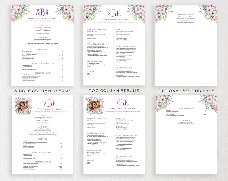 May include: A resume template with a floral design. The template is available in single and two column formats. The template includes sections for education, work experience, skills, and awards. The template also includes an optional second page for additional information.