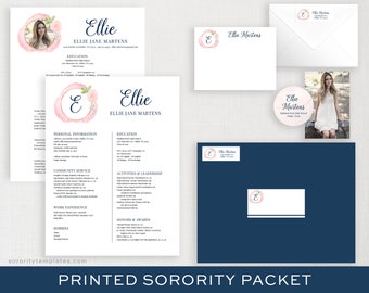 May include: A printed sorority packet with a pink and white floral design. The packet includes a resume, a letterhead, and a return address label. The name "Ellie" is featured prominently on the documents.