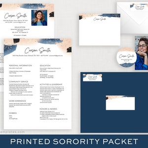 May include: A printed sorority packet featuring a resume, notecard, envelope, sticker, and a large navy blue card. The designs include a photo, name, and abstract brushstroke accents in navy blue, beige, and black.