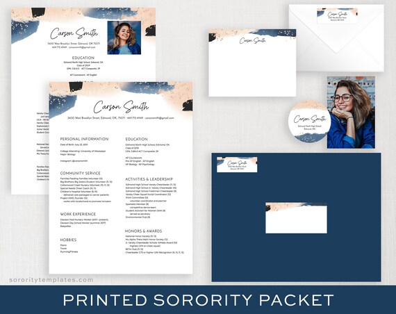 Printed Sorority Packet, FULL-SERVICE | Sorority Rush Resume with Photo | Sorority Resume Template | Navy and Blush | Digital Resume, Carson