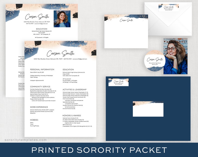 May include: A printed sorority packet featuring a resume, notecard, envelope, sticker, and a large navy blue card. The designs include a photo, name, and abstract brushstroke accents in navy blue, beige, and black.