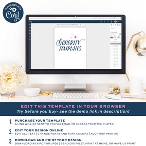 May include: A computer screen displaying a design template for sorority events. The template features the text "Sorority Templates" in a pink and blue script font with pink stars. The text "Edit this template in your browser" is displayed below the screen.