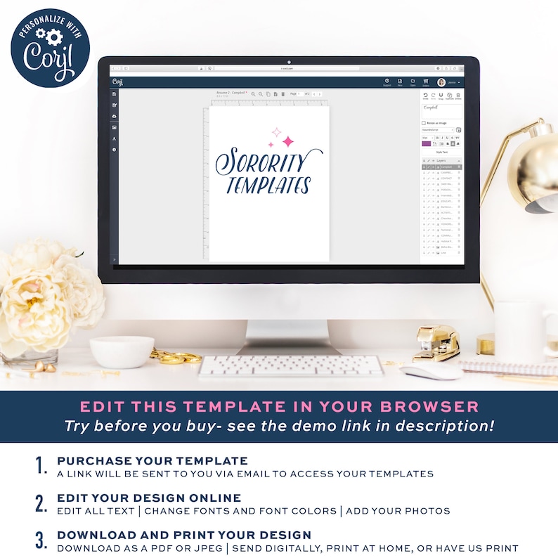 May include: A computer screen displaying a design template for sorority events. The template features the text "Sorority Templates" in a pink and blue script font with pink stars. The text "Edit this template in your browser" is displayed below the screen.