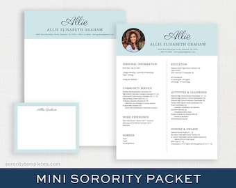 May include: A light blue and white sorority recruitment packet with a photo of a woman in a hat. The packet includes a resume, a letter of introduction, and a list of activities and awards. The text on the packet includes the woman's name, Allie Elisabeth Graham, and her contact information.