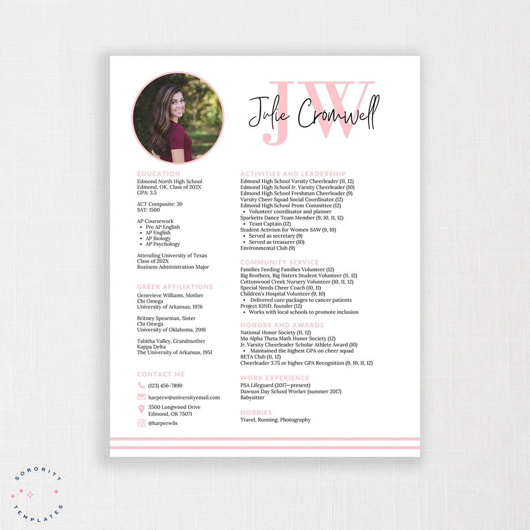 Sorority Resume Canva Template Printable Sorority Resume Template