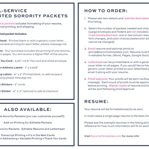 May include: A white and blue informational graphic for full-service printed sorority packets. The graphic includes details on what is included in the packets, how to order, and additional services. Text includes resume formatting, printing, and shipping information.
