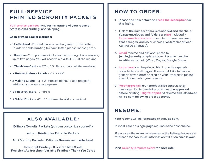 May include: A white and blue informational graphic for full-service printed sorority packets. The graphic includes details on what is included in the packets, how to order, and additional services. Text includes resume formatting, printing, and shipping information.