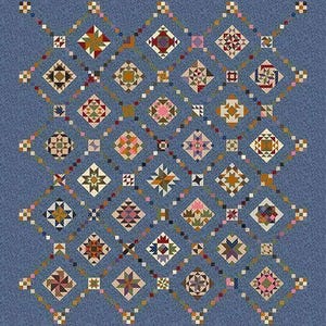 May include: A quilt featuring a dusty blue background with a repeating diamond grid pattern. Each diamond contains a unique, multi-colored geometric block design in shades of red, green, yellow, brown, and pink, connected by small square accents.