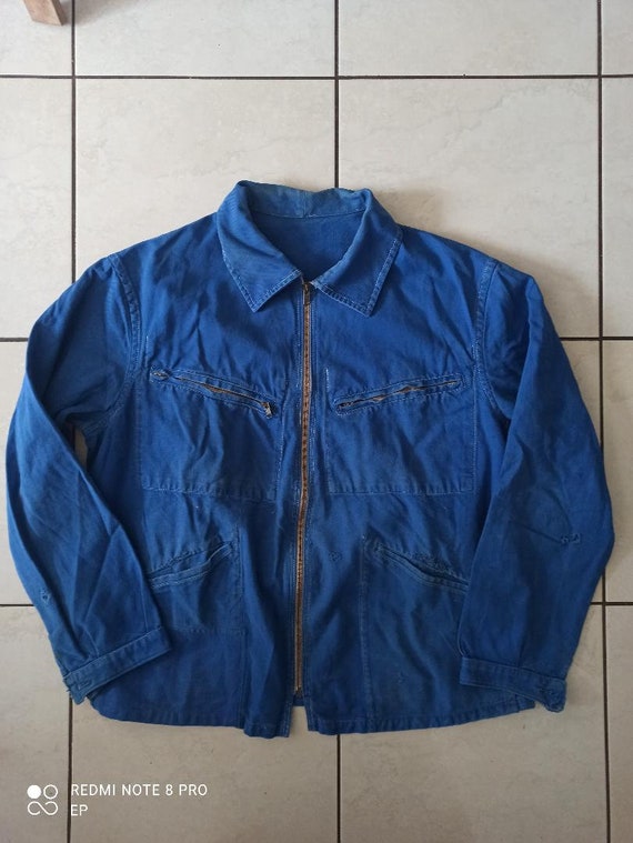 Vintage 60s French Workwear Chore Jacket Blue Button Utility