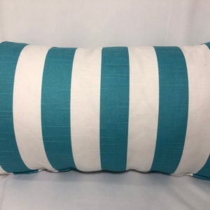 Paula’s Pillow Collection Lumbar 12 x 20 insert covered in indoor/outdoor fabric in aqua and white stripe