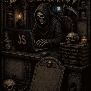 May include: A dark, detailed illustration featuring a hooded skeleton working on a laptop with the letters JS. The scene includes a tombstone with code, a stack of books titled Eloquent Javascript, a coffee mug labelled Code Until Death, and a skull.