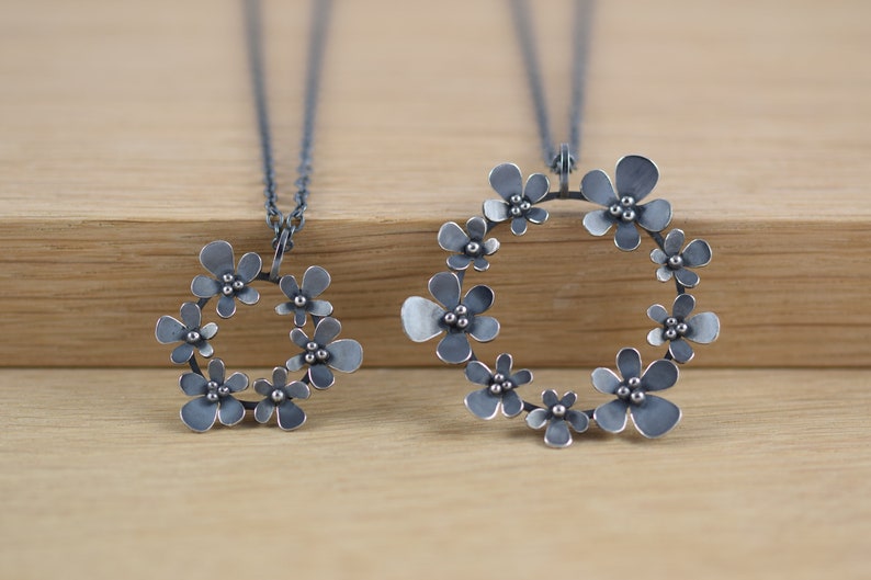 Silver and Oxidised Silver Necklace with Small Circular Flower Head Pendant Perfect Handmade Gift