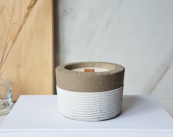 COLLECTION BÉTON - Soy Pot Candle in Taupe Textured Concrete - White Unscented Wax With Wood Wick, 6 oz, Handmade